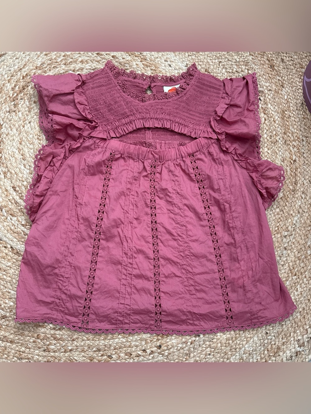 FARM Rio Mauve Lace-Trim Flutter Sleeve Blouse